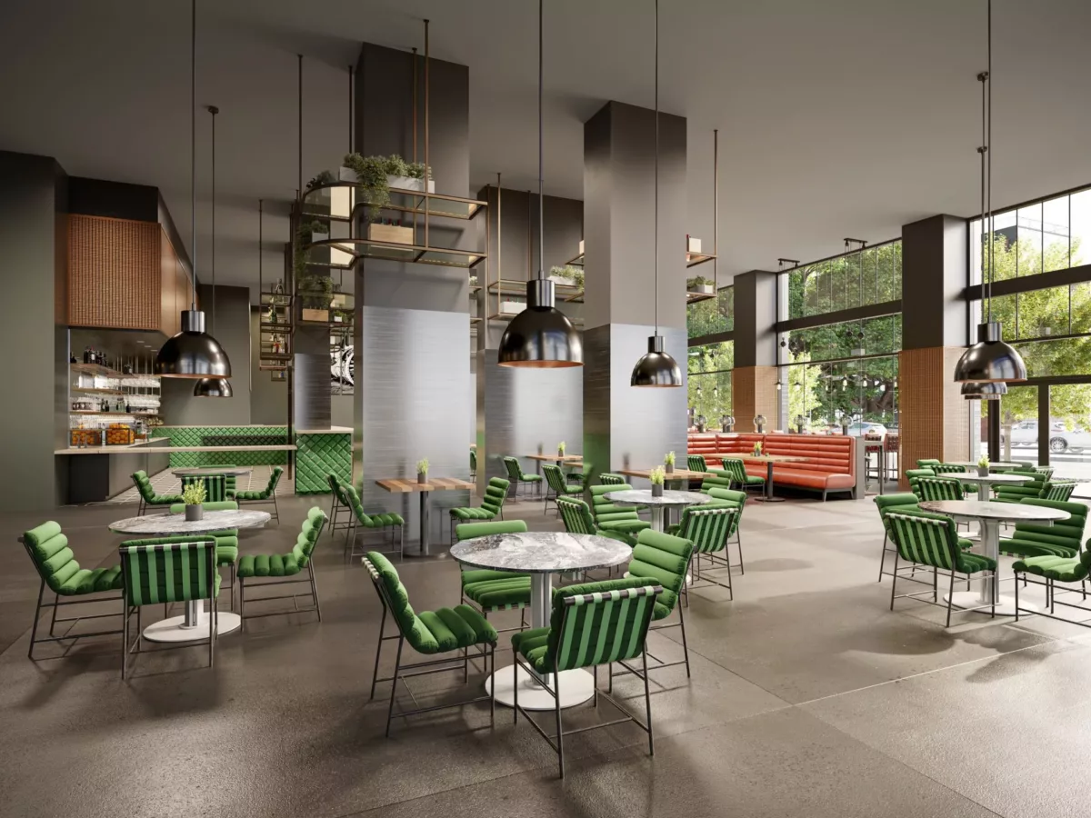The retail space of the apartment building featuring large glass storefronts and modern design.