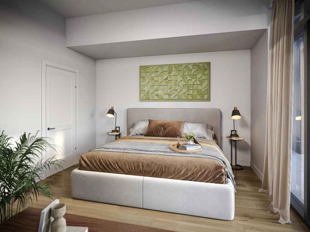 Light filled bedroom at Momentum with light fabric bedframe and neutral finishes