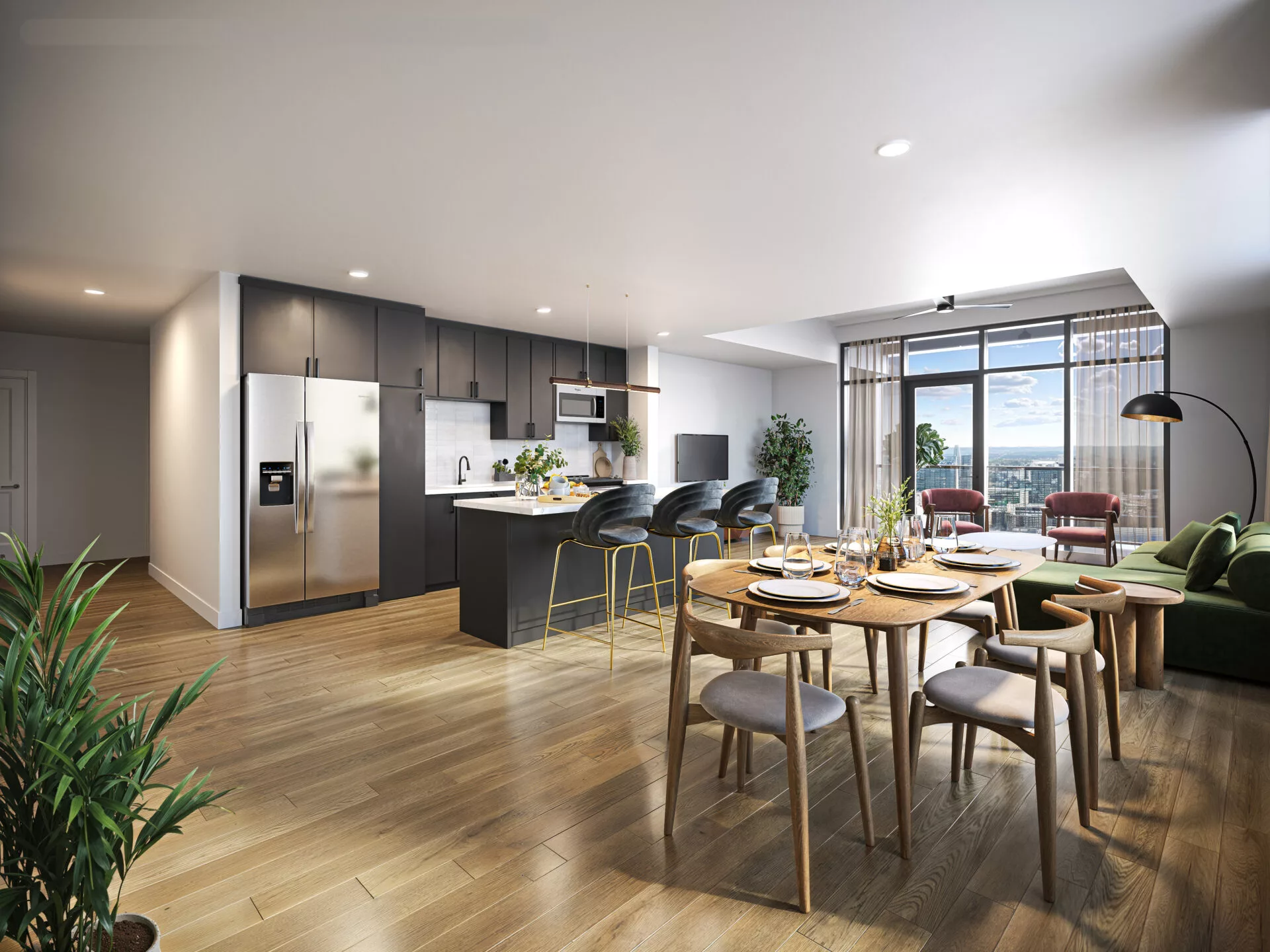 Open living, dining, and kitchen area with views of floor to ceiling windows with modern finishes, light flooring, and black cabinetry at Momentum